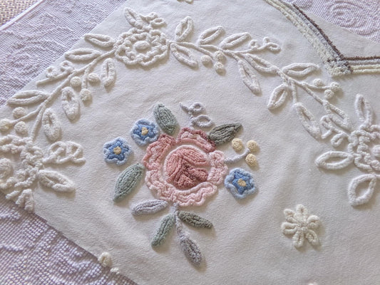 shabby chic chenille fabric, lovely needletuft rose floral design, 21" x 21" inch piece of vintage sewing material great for a pillow cover