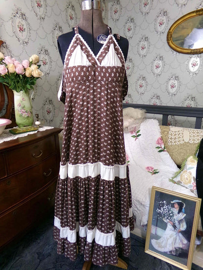 Vtg Gunne Sax Halter Dress Rare Brown Oak Acorn Print Boho Prairie Sundress