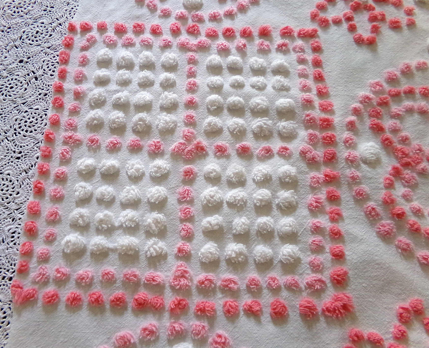 Spunky Daisy Medley Vintage Chenille Fabric, 23" x 18" inch handtufted antique Pink Pops piece, Fun in DIY Pillows