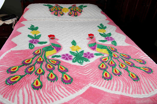 Popular Pink Peacock Vintage Chenille Bedspread, Full Size Boho Glam Bedding