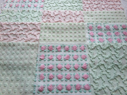 fairytale pink & green chenille fabric squares, set of 12 vintage 6" quilt blocks in crafty girl's dozen, popular squiggles, rosebud, dots