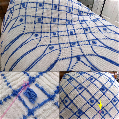 nautical vibes vintage chenille bedspread, blue dots on white cotton with cathedral stripes, full size coastal cottage bedding