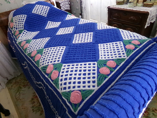 Regal Blue Vintage Chenille Bedspread, Pink Rosettes & White Waffle Tufts, Full Size