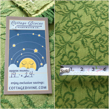 grecian green rose vintage woven fabric, gothic floral design w/ scallop fringe trim edge, 19" x 24" cut piece great for small bags