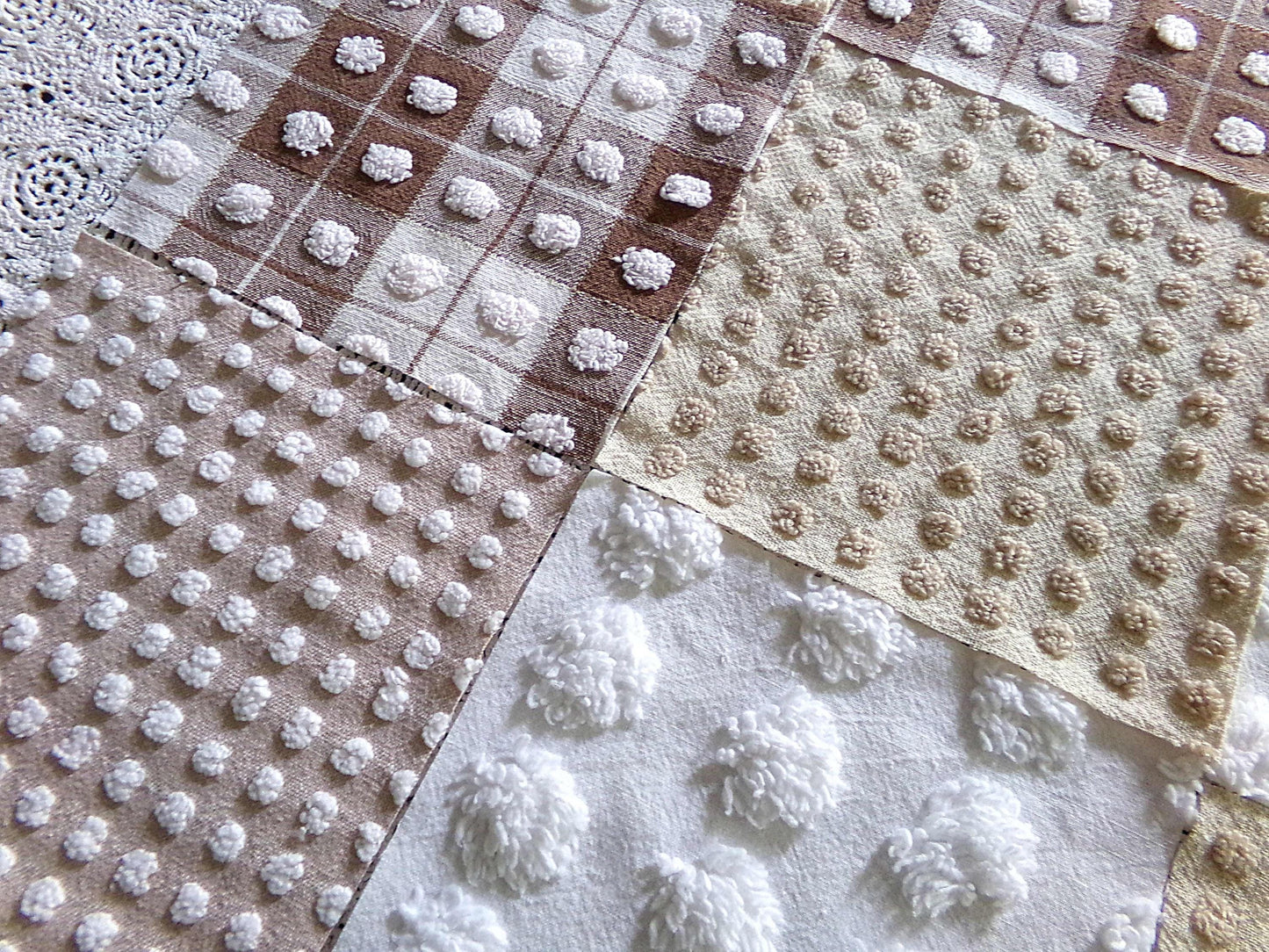 teddy bear browns chenille fabric squares, set of 16 vintage 6" quilt blocks for sewing, quilting, crafts in mocha, chocolate & white pops