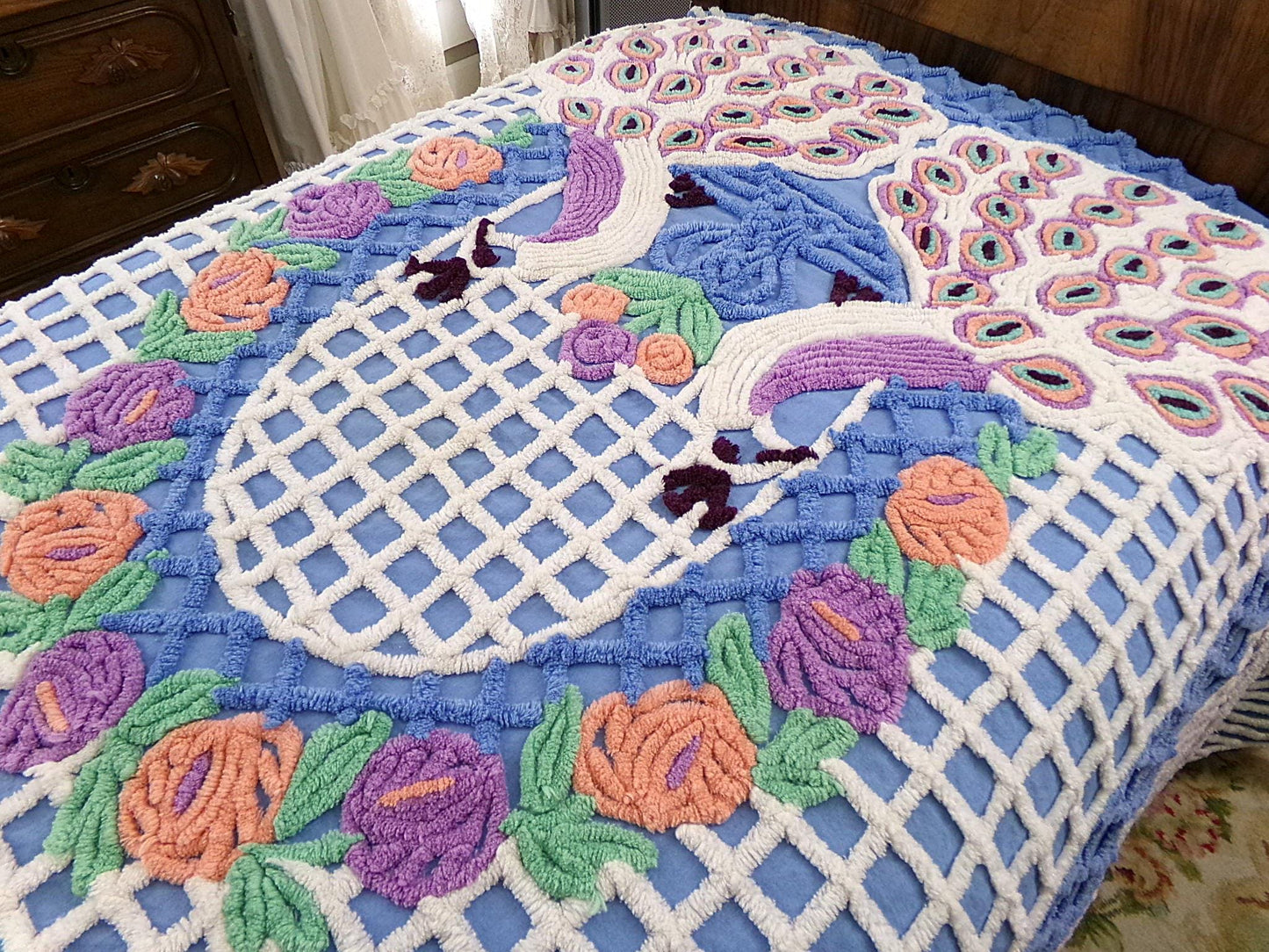 peacock vintage chenille bedspread, lovebirds under a sky blue flower garden trellis, luxury midcentury full size bedding