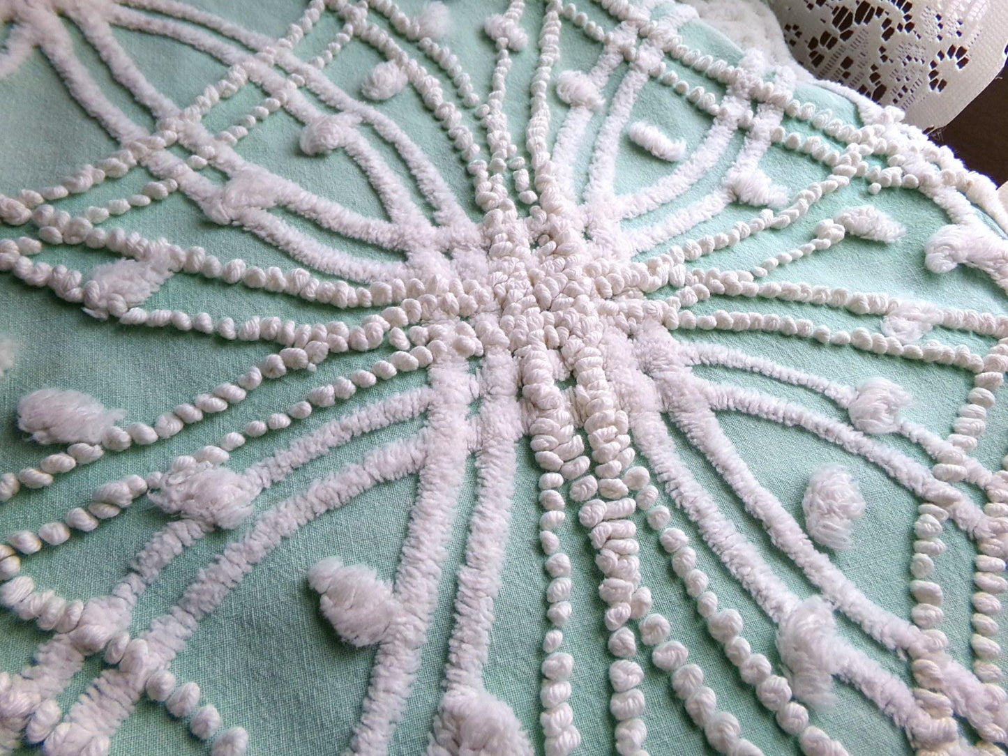 chic jade green vintage chenille fabric, white spider web design, 20" x 26" inch piece for quilting material & sewing