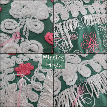 Magnificent Midcentury Vintage Chenille Bedspread, Lipstick Pink Roses on Rich Green with Plush White Swirls, 100% Cotton, FULL Size