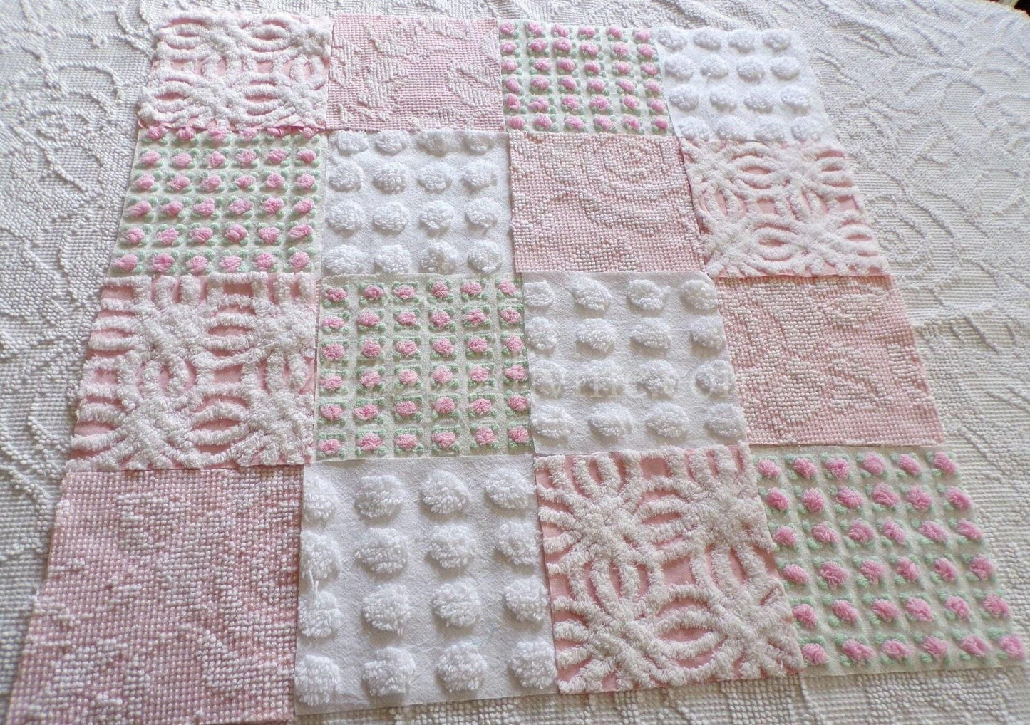 Pink Whispers Chenille Quilt Squares Set from Vintage Bedspread Fabric, 16 Blocks, 6" inch