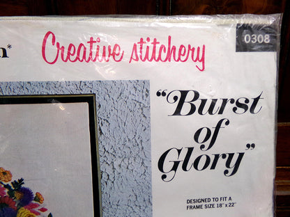 BURST of GLORY Crewel Vintage Paragon Needlecraft Embroidery Kit #0308, Boho Wildflower Floral Basket Stitchery