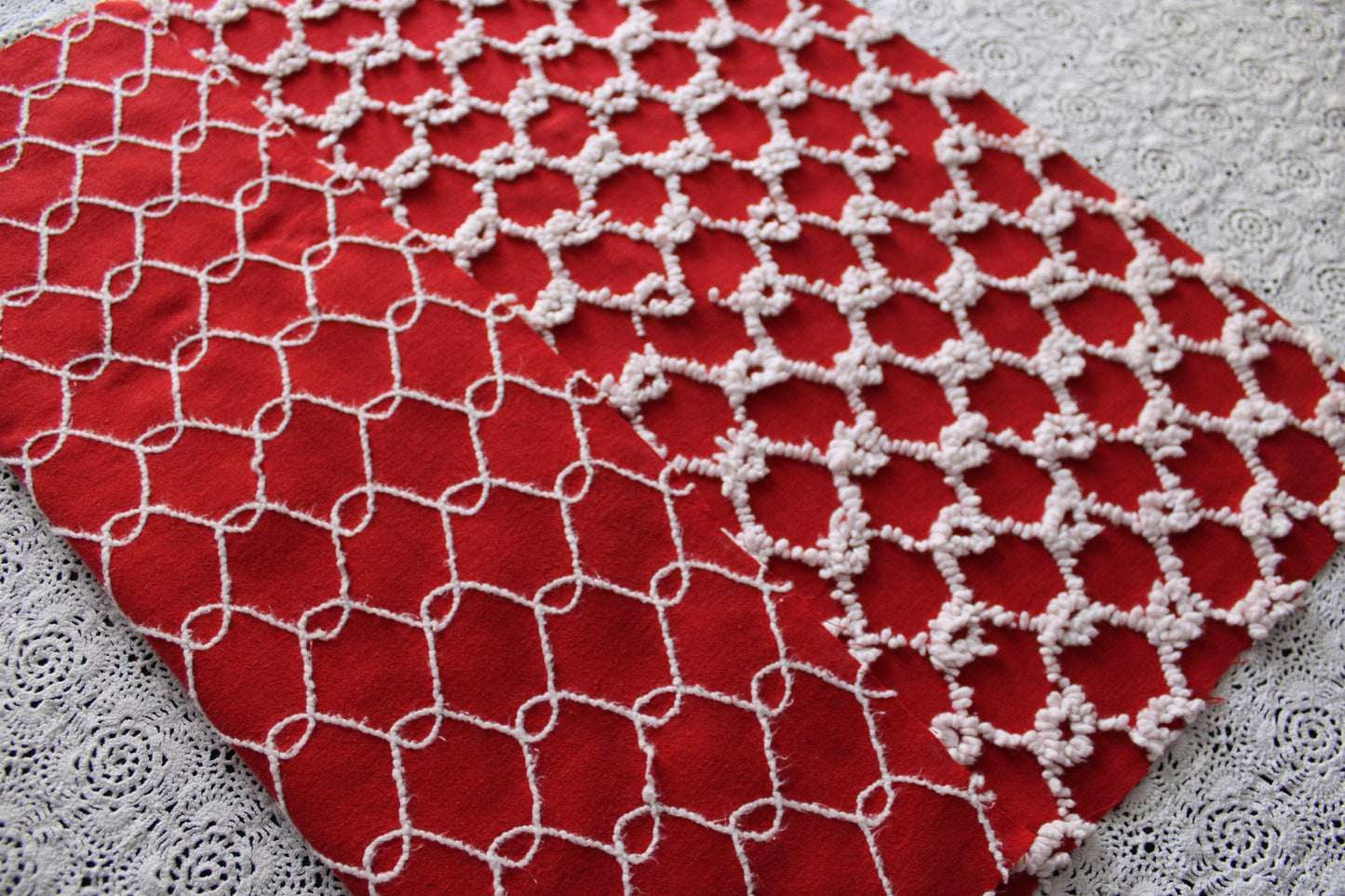 Fabulous Vintage Chenille Bedspread Fabric, Red & White Chain Link Design, 19" x 20" inch Piece, Ultra Lightweight Cotton