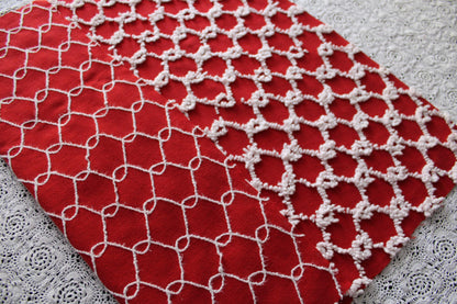 Fabulous Vintage Chenille Bedspread Fabric, Red & White Chain Link Design, 19" x 20" inch Piece, Ultra Lightweight Cotton