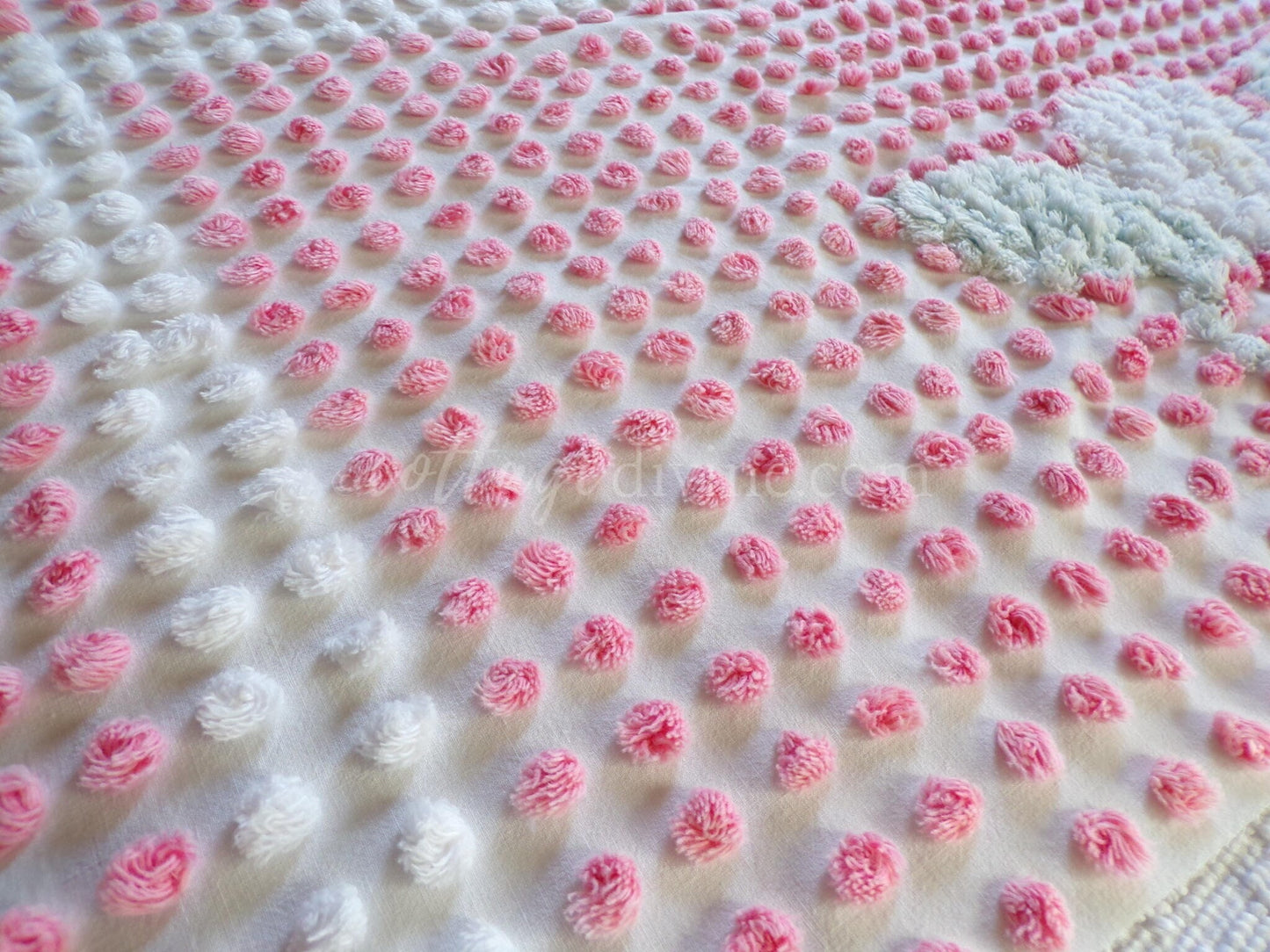 Angelic White Lily Cupcake Pink Pops Handtufted Vintage Chenille Fabric, 21" x 28" inch antique piece, Beautiful in DIY Pillows