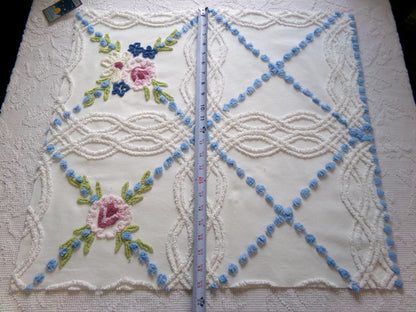 classic shabby style vintage chenille fabric, needletuft florals, blue pops, white cotton material, 22" x 24" piece for sewing, quilting