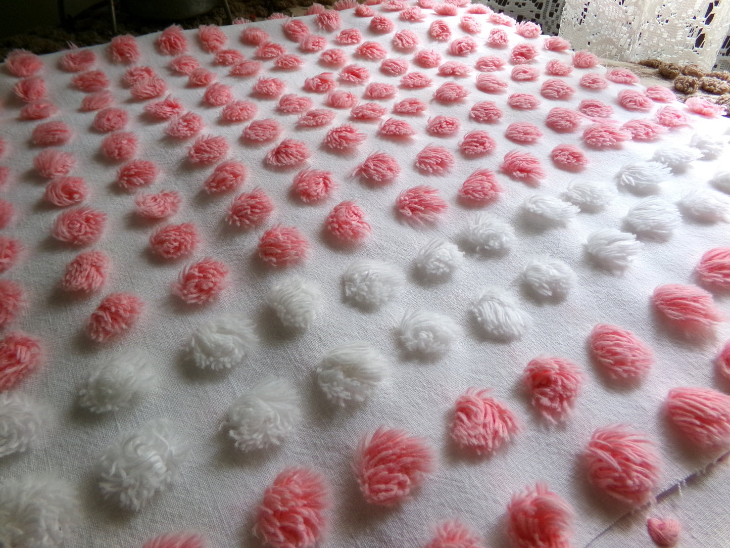 Darling White Lily Vintage Fabric, Handtufted Antique Chenille Pink & White Pops, 20" x 28" Inch Piece