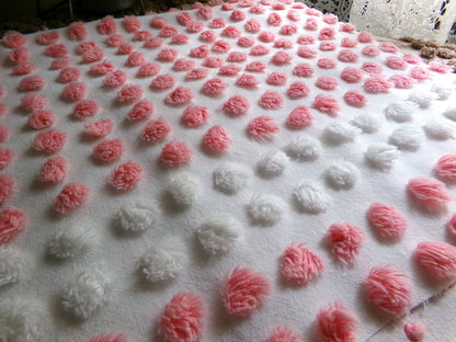 Darling White Lily Vintage Fabric, Handtufted Antique Chenille Pink & White Pops, 20" x 28" Inch Piece