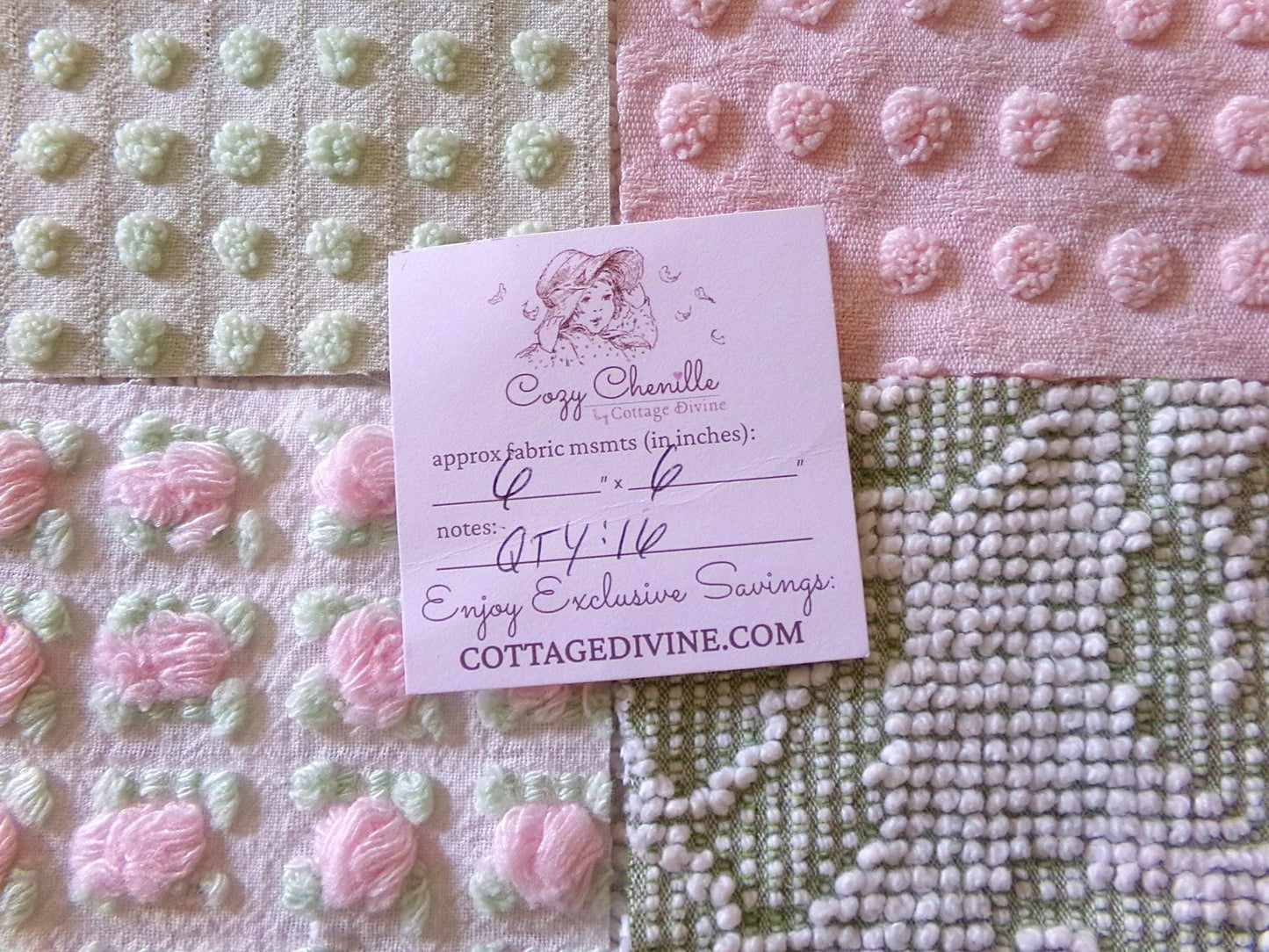 vintage pink & green chenille fabric squares, "breath of spring", rotary cut from vintage chenille bedspreads, set of 16 Blocks 6" x 6" inch