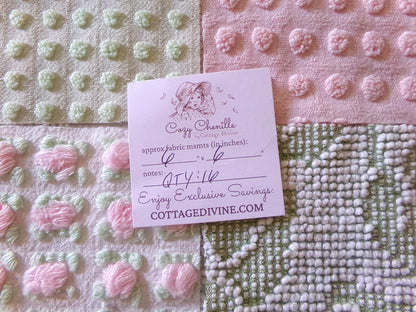 vintage pink & green chenille fabric squares, "breath of spring", rotary cut from vintage chenille bedspreads, set of 16 Blocks 6" x 6" inch