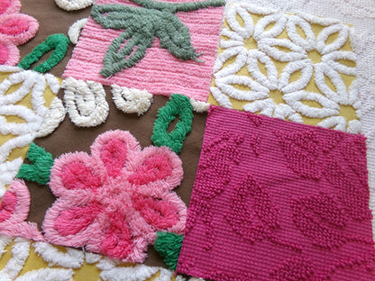 vintage chenille fabric squares, "fairy trail" set of 16 chocolate & pink 6" quilt blocks for quilting, crafts, sewing
