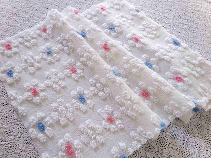 Cute Vintage Style Chenille Fabric, Y2K Daisy Pattern in White, Pink & Blue, 18" x 24" inch Piece, 100% Lightweight Cotton