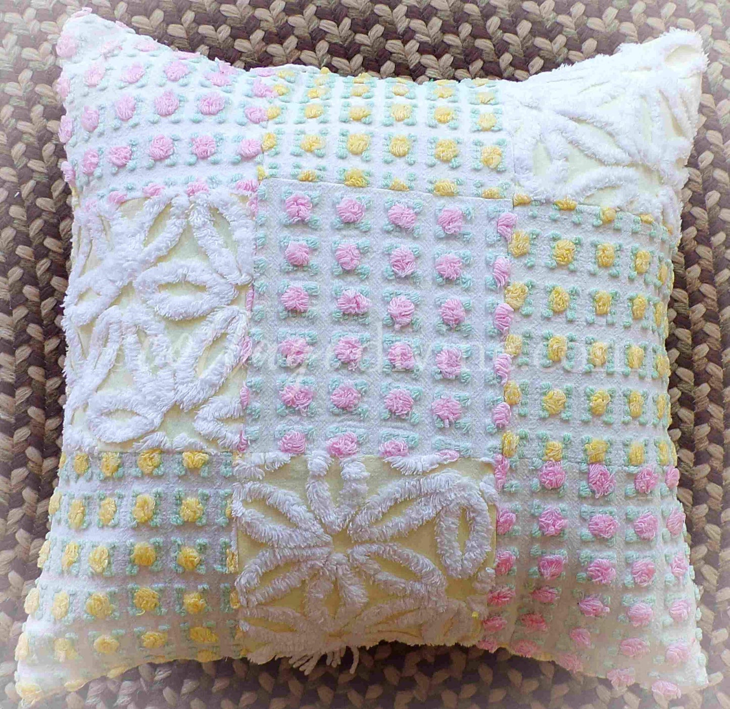 Daisy Rose Romantic Cottage Chenille Pillow Cover 16" x 16" inch Square, REVERSIBLE Accent Pillow, Vintage Shabby Patchwork Design