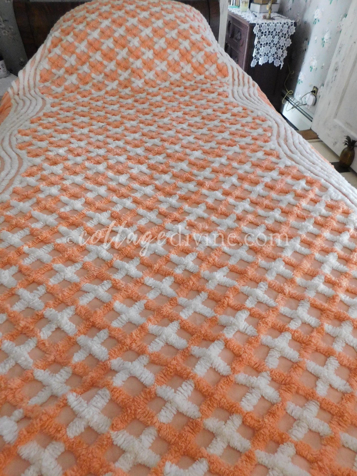 Delicious Peach Creamsicle Vintage Chenille Bedspread, 100% Plush Cotton, Twin Size