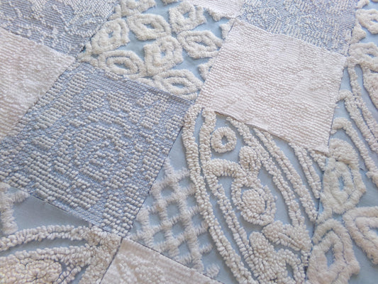 seaside serenity vintage chenille fabric squares, set of 16 blue & white 6" blocks for crafts, sewing