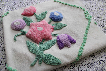 sculpted floral vintage chenille fabric, tulip peony flowers & little green bows, 20" x 25" inch piece of cotton sewing material for pillows