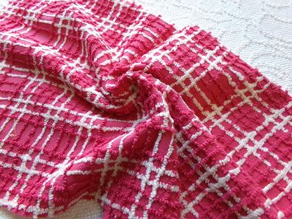fabulous vintage chenille fabric, vivid pink & white plaid design 20" x 24" cut piece, upcycle into quilts, fiber arts, crafts