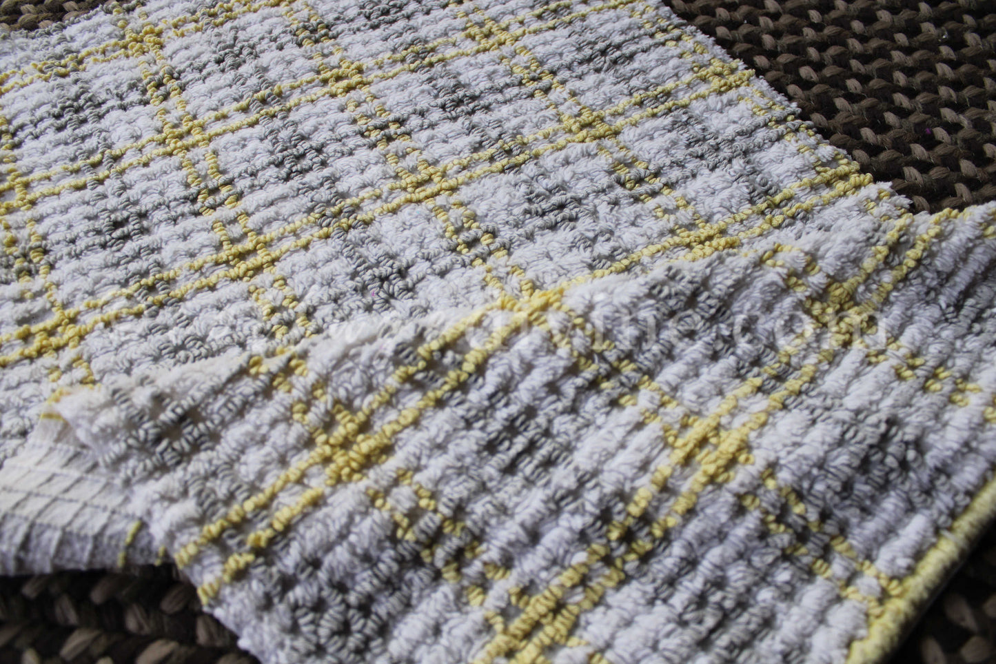 Stormy Grey, Sunny Yellow Plaid Vintage Chenille FABRIC PIECE, 17" x 26" inches, Cabin Crafts Texturized Contrast Needletufting