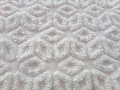 Snowflake Wedge White Vintage Chenille Fabric, 27" x 24" Piece, Snowy Geometric Wedge Daisy Design