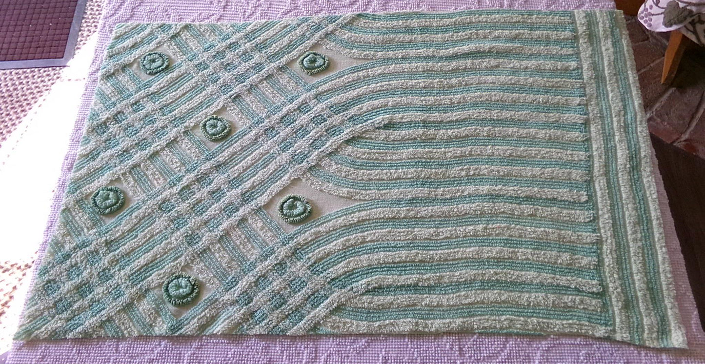 Retro Two Tone Shamrock Green Vintage Chenille Fabric Material, 18" x 31" inch Piece, Donut Dots, Long Tonal Stripes
