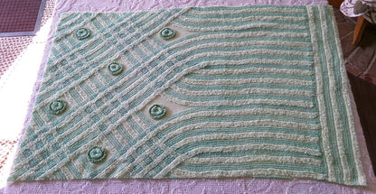 Retro Two Tone Shamrock Green Vintage Chenille Fabric Material, 18" x 31" inch Piece, Donut Dots, Long Tonal Stripes