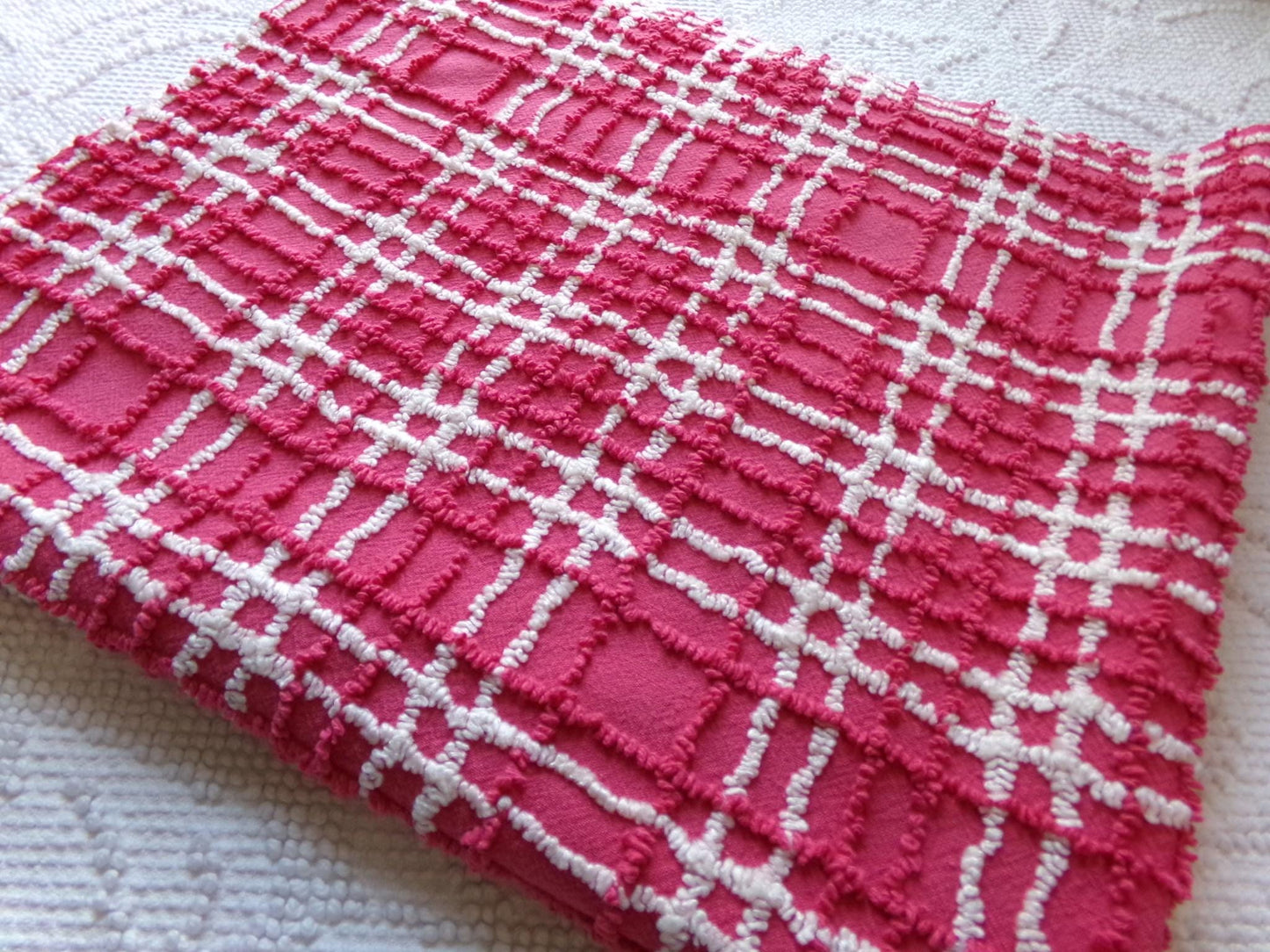 fabulous vintage chenille fabric, vivid pink & white plaid design 20" x 24" cut piece, upcycle into quilts, fiber arts, crafts