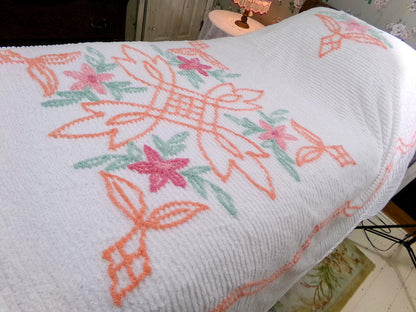botanical white chenille bedspread, pink lily flowers & citrus orange scrollwork, full size cotton bedding, great summer coverlet