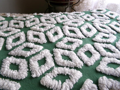 Forest Green Snowflakes Vintage Chenille Material, 18" x 25" inch Fabric Piece, 100% Cotton, Geometric Wedge White Snowflake Design