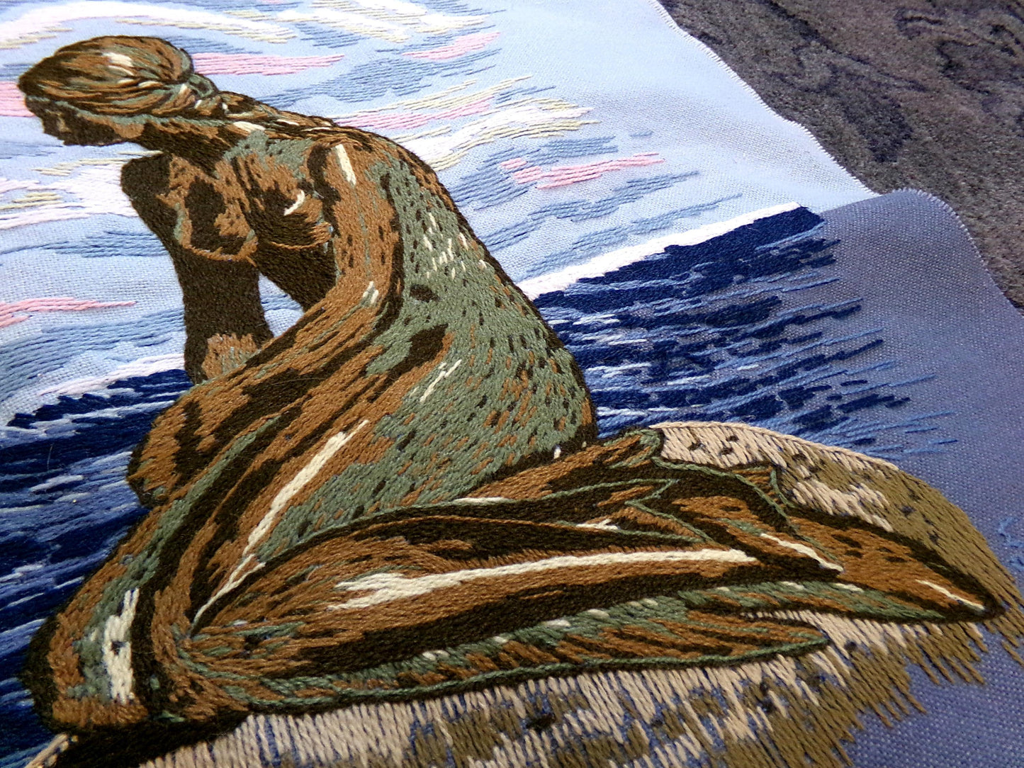 Vintage THE MERMAID Finished Crewel Embroidery Piece, Completed Paragon 0411 Stitchery, Adele Veres 1970s Design