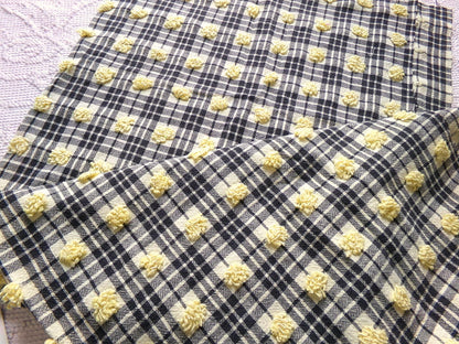 unique black plaid vintage chenille fabric, 18" x 24" piece of sewing material w/ yellow pops