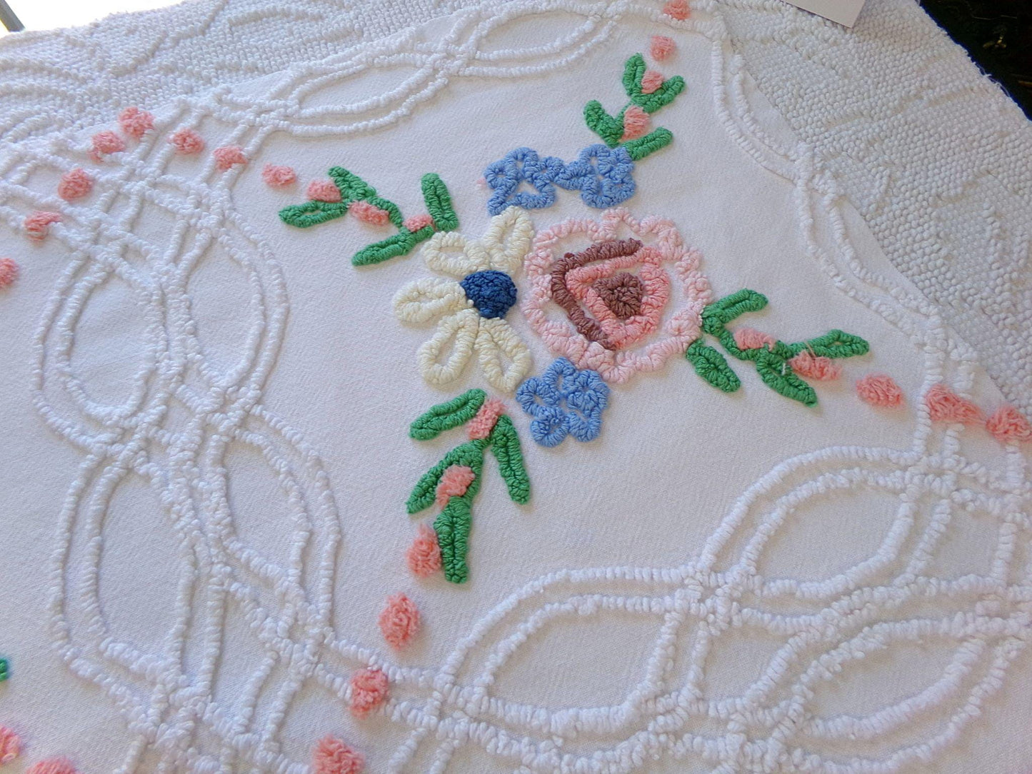 wildflower chenille fabric, vintage floral sewing material on white cotton with peach pops, 23" x 23" piece for handmade quilts & pillows