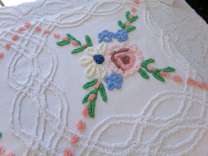wildflower chenille fabric, vintage floral sewing material on white cotton with peach pops, 23" x 23" piece for handmade quilts & pillows