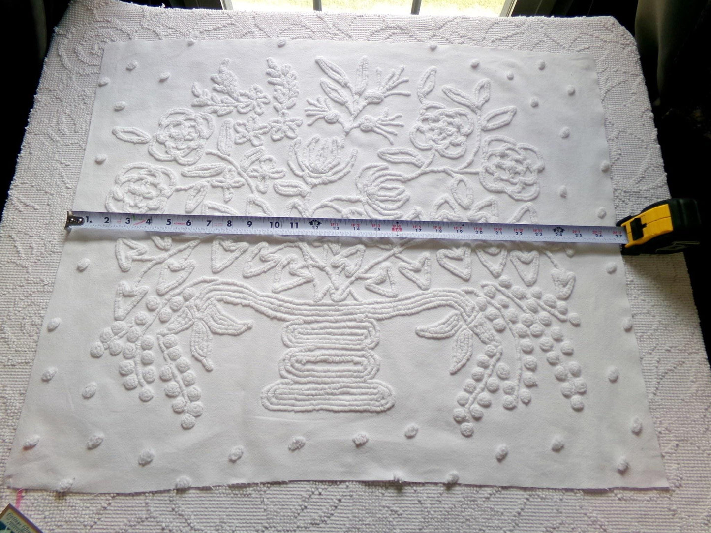 exquisite bride's basket vintage chenille fabric, white floral design is lovely material for quilts, wall hanging, crafts, 25" x 21" piece