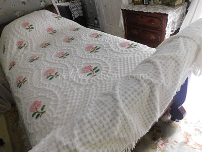Heirloom Rose Vintage Chenille Bedspread, Full Size, JELDI AUSTRALIA, Cotton, Ruffled Skirt