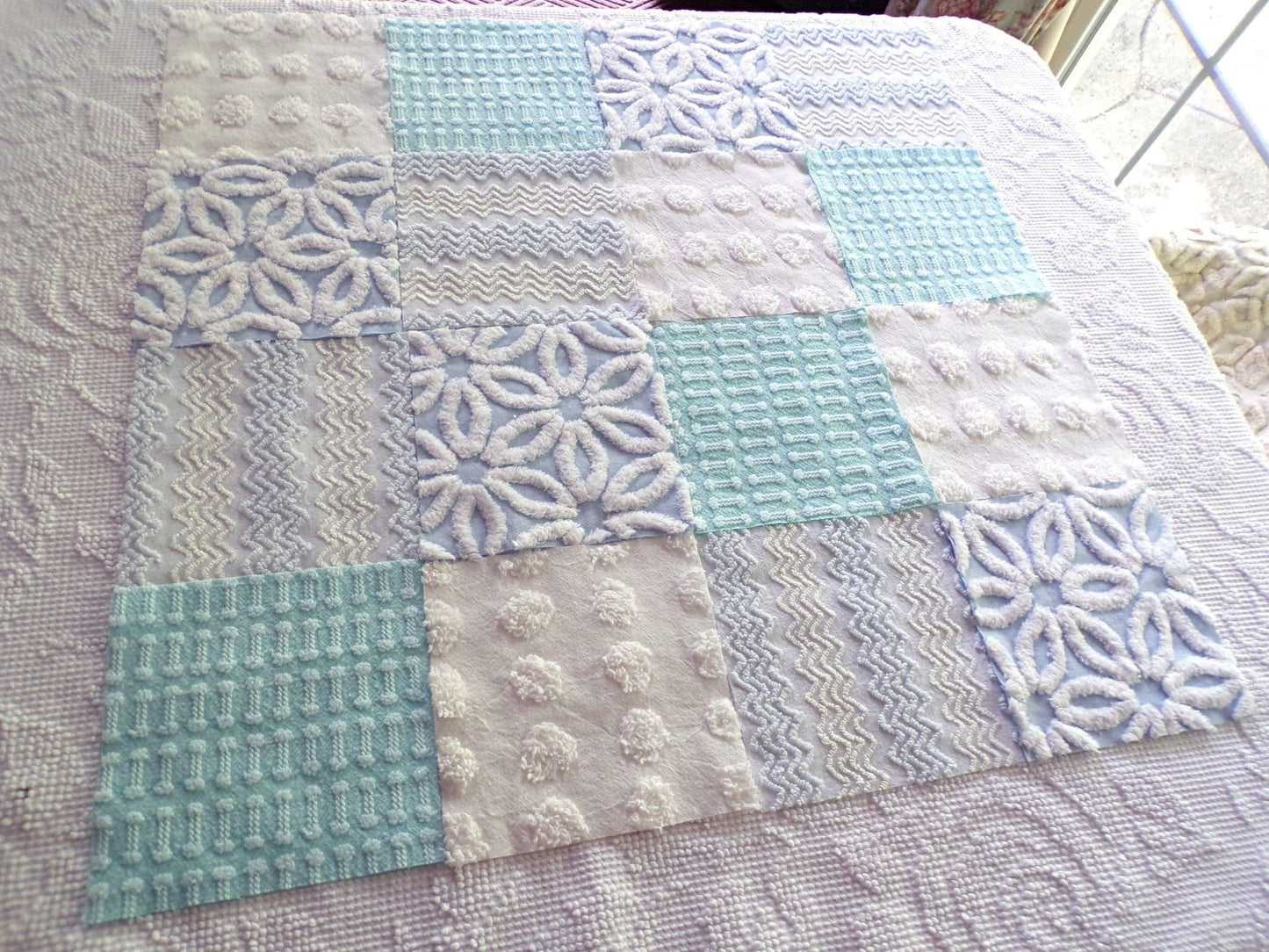 refreshing spa 6" chenille fabric squares, set of 16 aqua, white, blue quilt blocks for quilting, sewing & crafts
