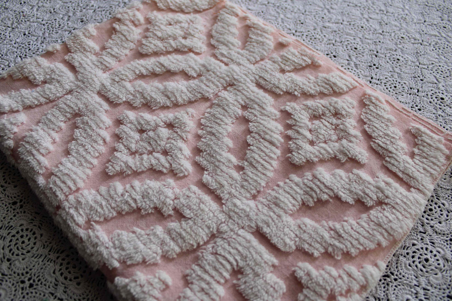 sculpted petals vintage chenille fabric, white tufting on cool pink, 20" x 25" inch piece, 100% cotton