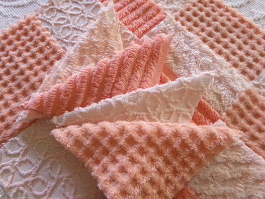 juicy peach chenille fabric squares, delicious colors, 16 vintage quilt blocks 6" x 6" inch, for patchwork pillows, quilting, crafts