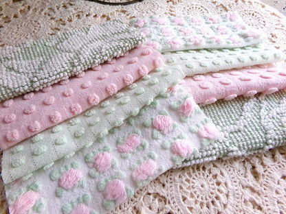 vintage pink & green chenille fabric squares, "breath of spring", rotary cut from vintage chenille bedspreads, set of 16 Blocks 6" x 6" inch