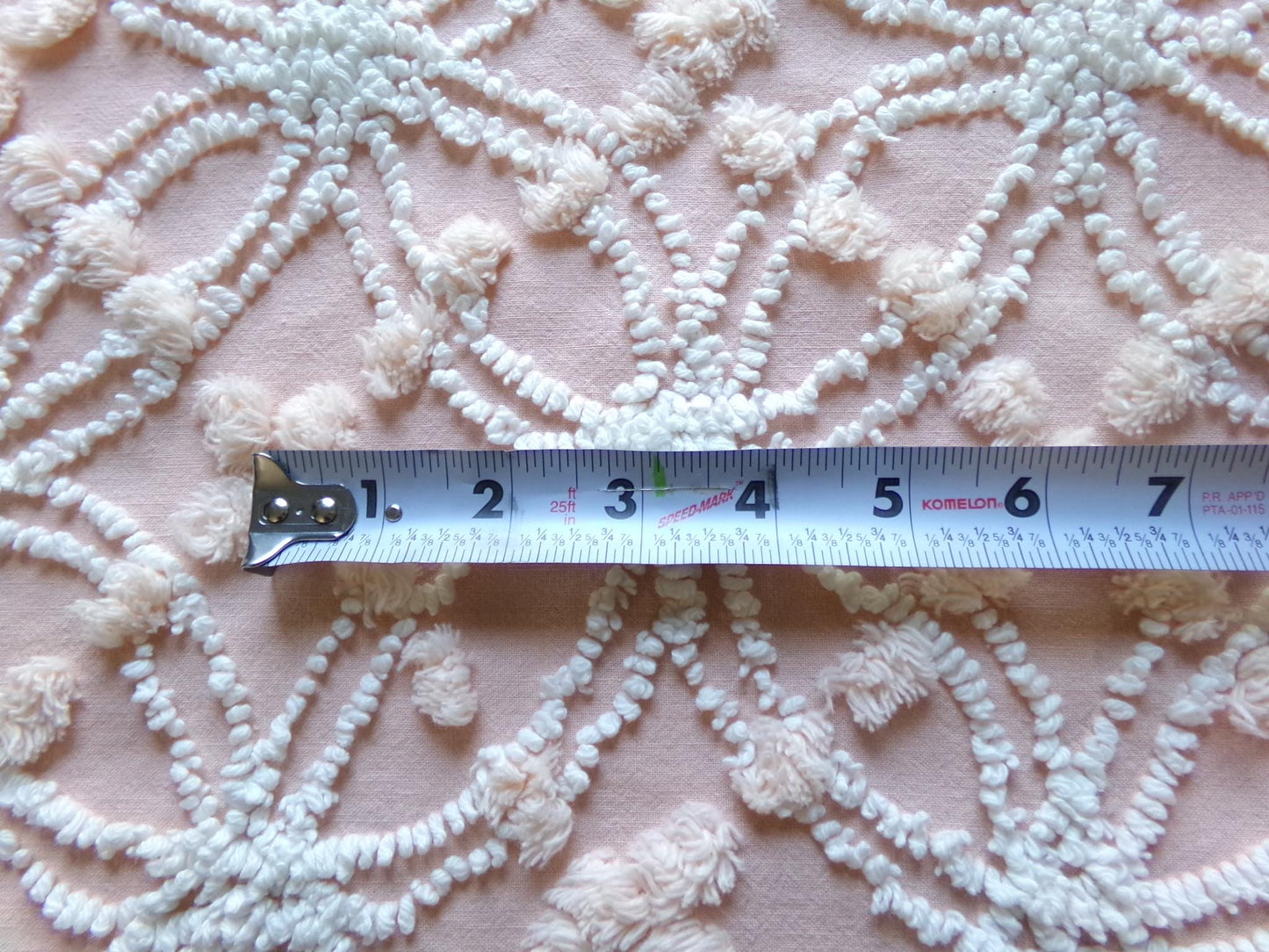 iced peach vintage chenille fabric, needletuft white wedding rings & overtufted pops, 20" x 24" piece sewing material for quilting, crafts