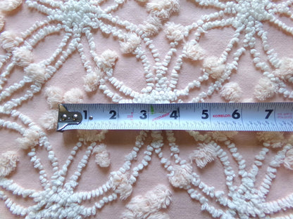 iced peach vintage chenille fabric, needletuft white wedding rings & overtufted pops, 20" x 24" piece sewing material for quilting, crafts