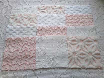 pink & white vintage 6" chenille squares, set of 12 quilt blocks in a lovely selection of popular patterns for sewing, crafts