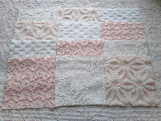 pink & white vintage 6" chenille squares, set of 12 quilt blocks in a lovely selection of popular patterns for sewing, crafts